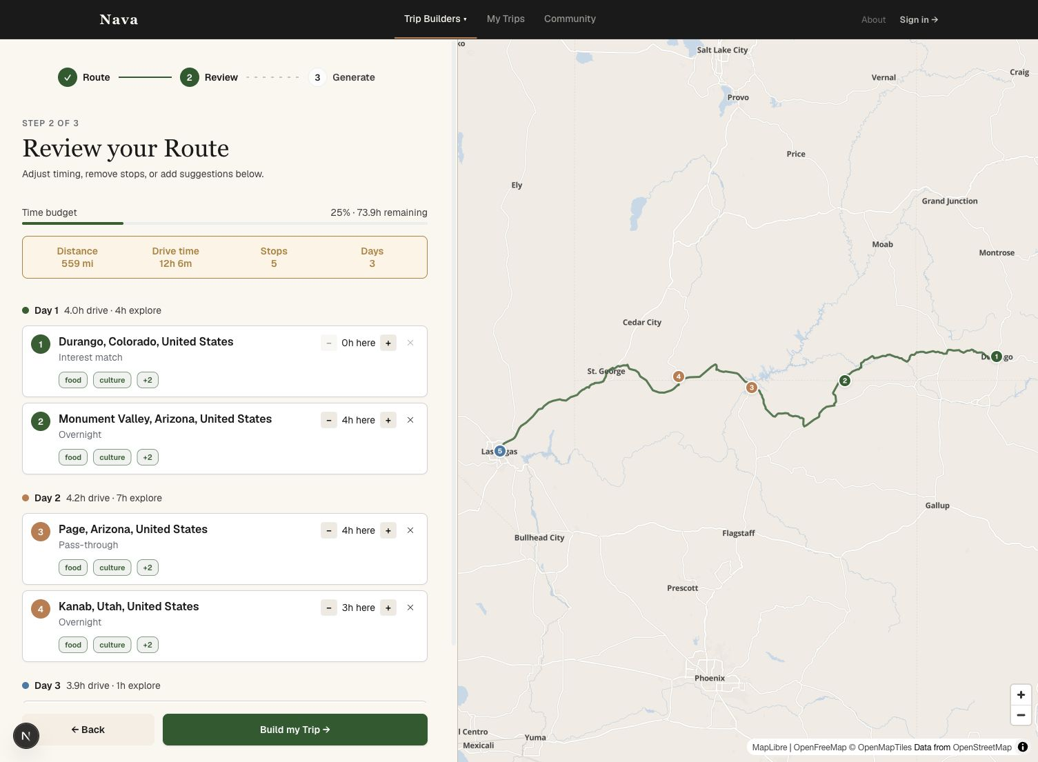 A2B road trip preview showing route polyline, numbered stops, and trip stats between Durango and Las Vegas